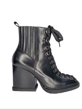 Santoni Black Leather Ribbed Ankle Heeled Combat Boots